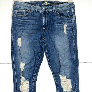 7 For All Mankind Ankle Skinny Distressed Fringe Stretch Denim Blue Jeans 29